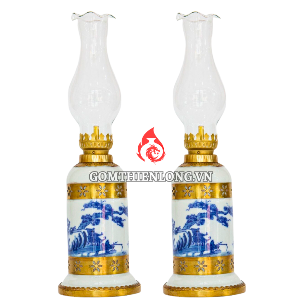 Đèn Dầu Thờ Bát Tràng Dáng Ống Men Lam Vẽ Sơn Thủy 230189