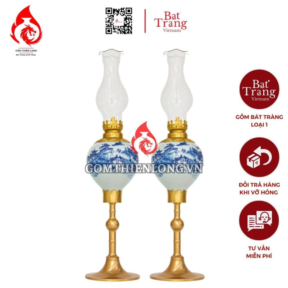 Đèn Dầu Thờ Bát Tràng Dáng Lê Men Lam Vẽ Sơn Thủy 230187