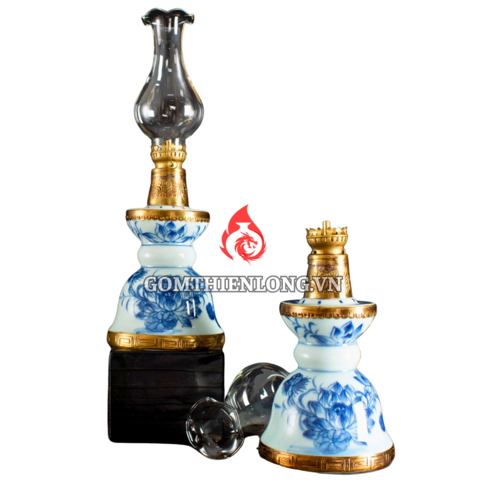 Đèn Dầu Thờ Bát Tràng Dáng Tháp Vẽ Sen 230226