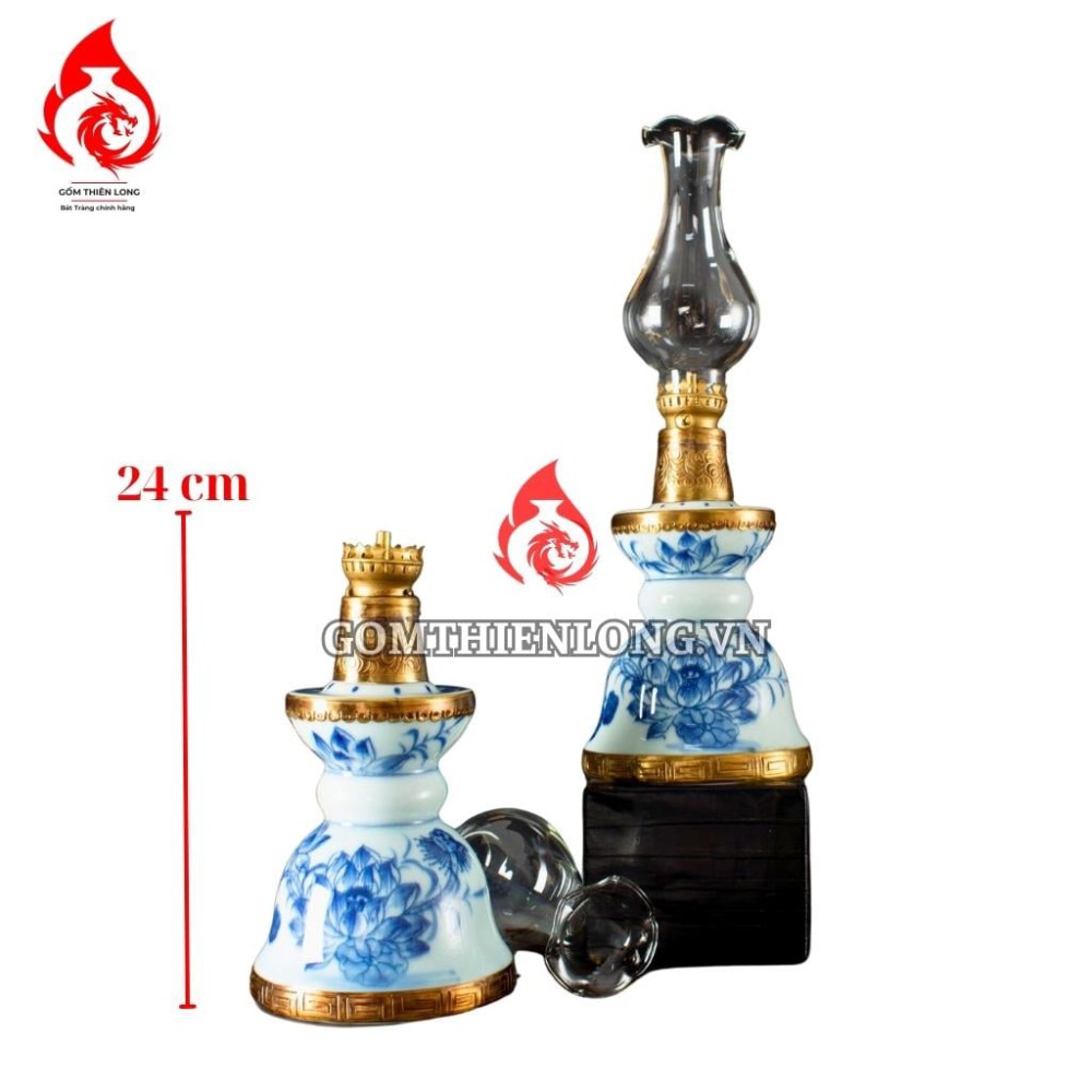 Đèn Dầu Thờ Bát Tràng Dáng Tháp Vẽ Sen 230226