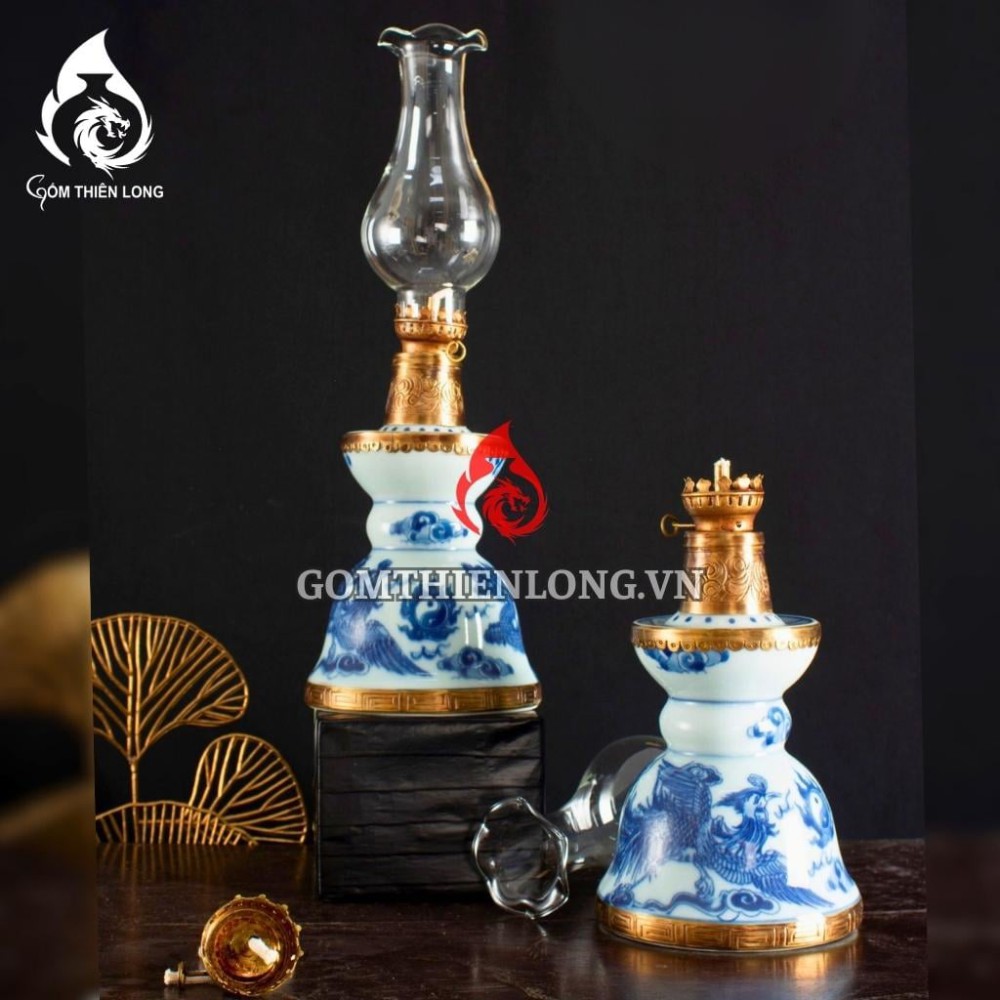 Đèn Dầu Thờ Bát Tràng Dáng Tháp Vẽ Rồng Phượng 230227