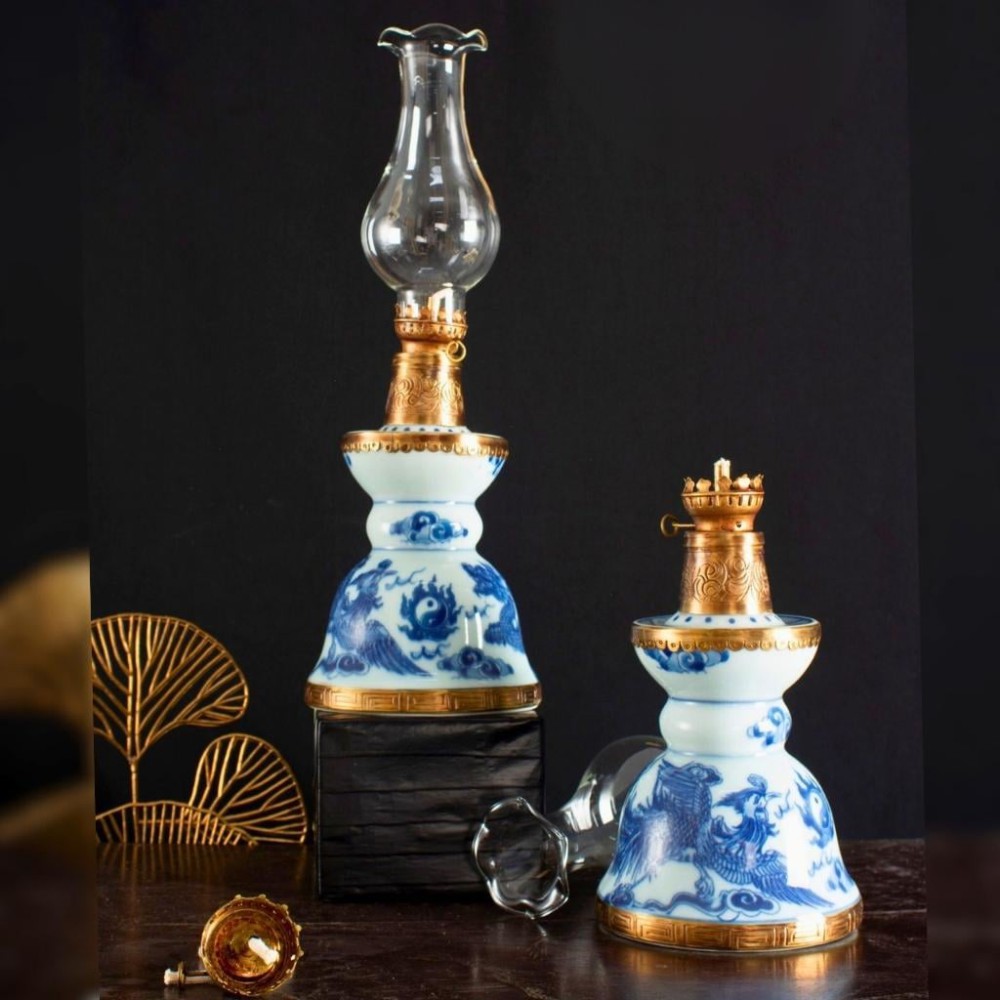 Đèn Dầu Thờ Bát Tràng Dáng Tháp Vẽ Rồng Phượng 230227