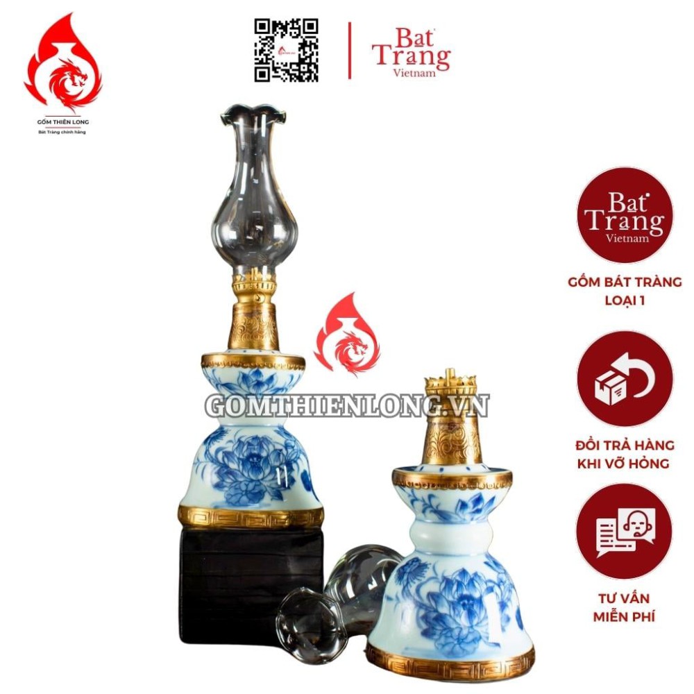 Đèn Dầu Thờ Bát Tràng Dáng Tháp Vẽ Sen 230226
