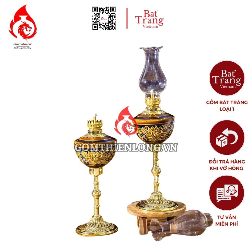Đèn Dầu Thờ Bát Tràng Chân Đồng Khắc Nổi Phù Dung 230149