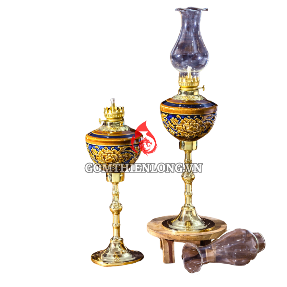 Đèn Dầu Thờ Bát Tràng Chân Đồng Khắc Nổi Phù Dung 230149