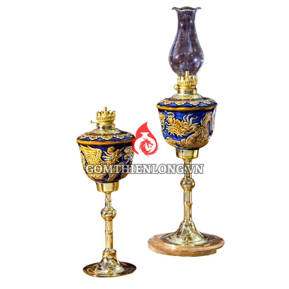 Đèn Dầu Thờ Bát Tràng Chân Đồng Khắc Nổi Rồng Phượng 230147