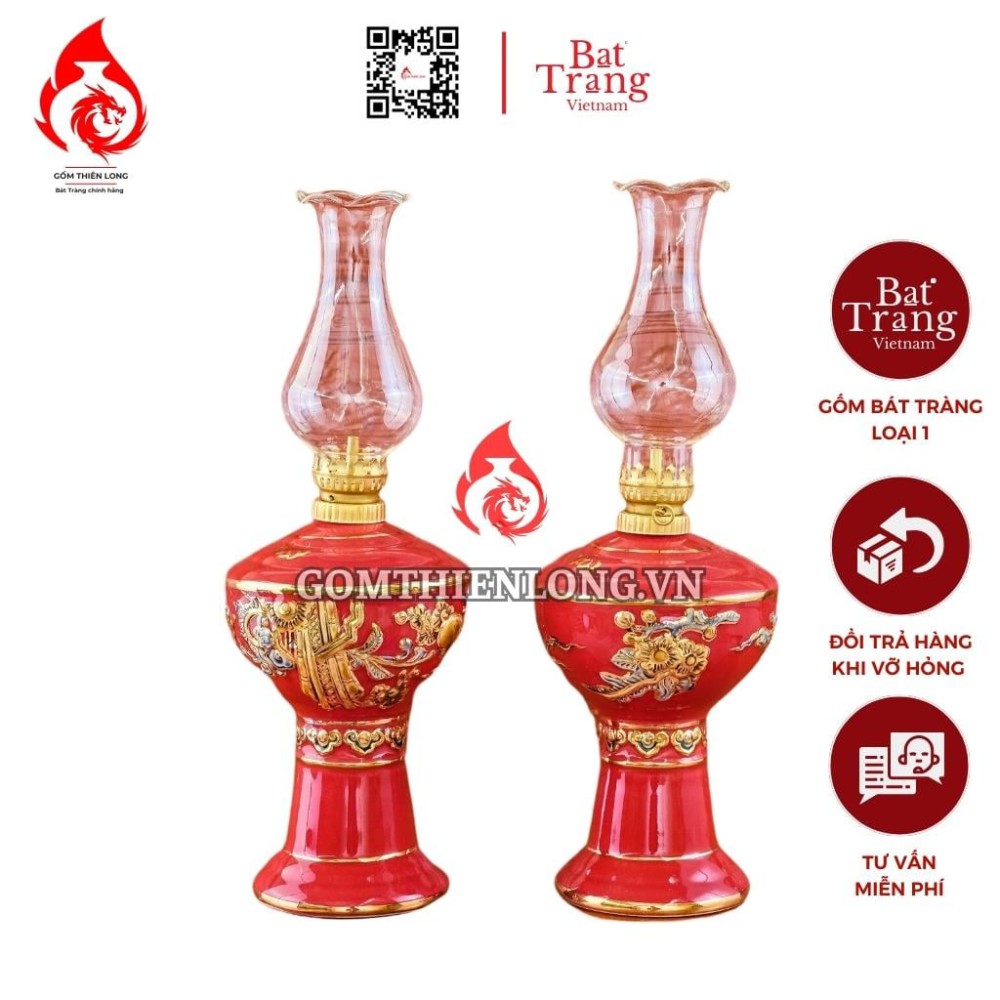 Đèn Dầu Thờ Bát Tràng Màu Đỏ Vẽ Vàng 230178