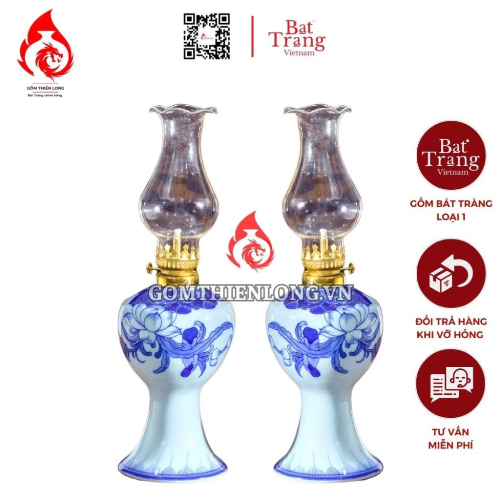 Đèn Dầu Thờ Bát Tràng Men Lam Hoa Sen 230142