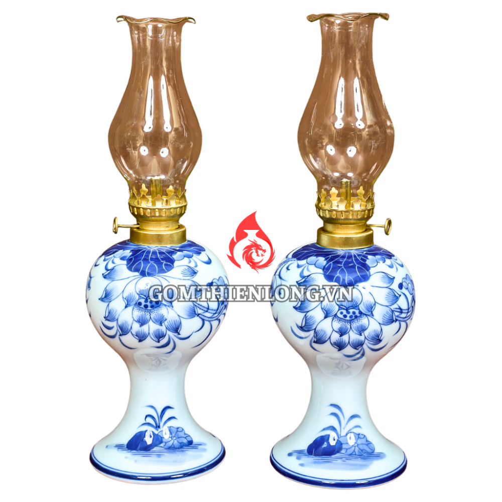 Đèn Dầu Thờ Bát Tràng Men Lam Ngọc Vẽ Hoa Sen 230153