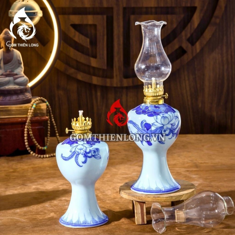 Đèn Dầu Thờ Bát Tràng Men Lam Hoa Sen 230142