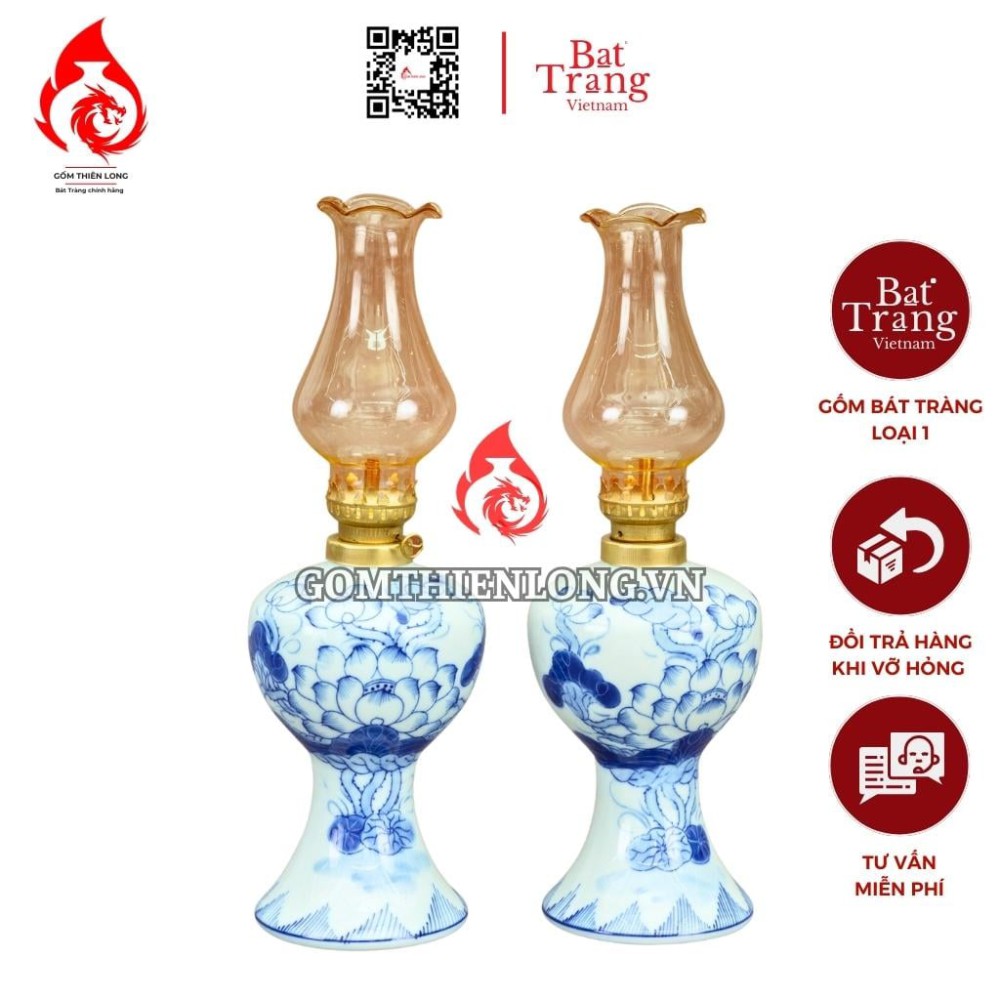 Đèn Dầu Thờ Bát Tràng Men Lam Hoa Sen 230151