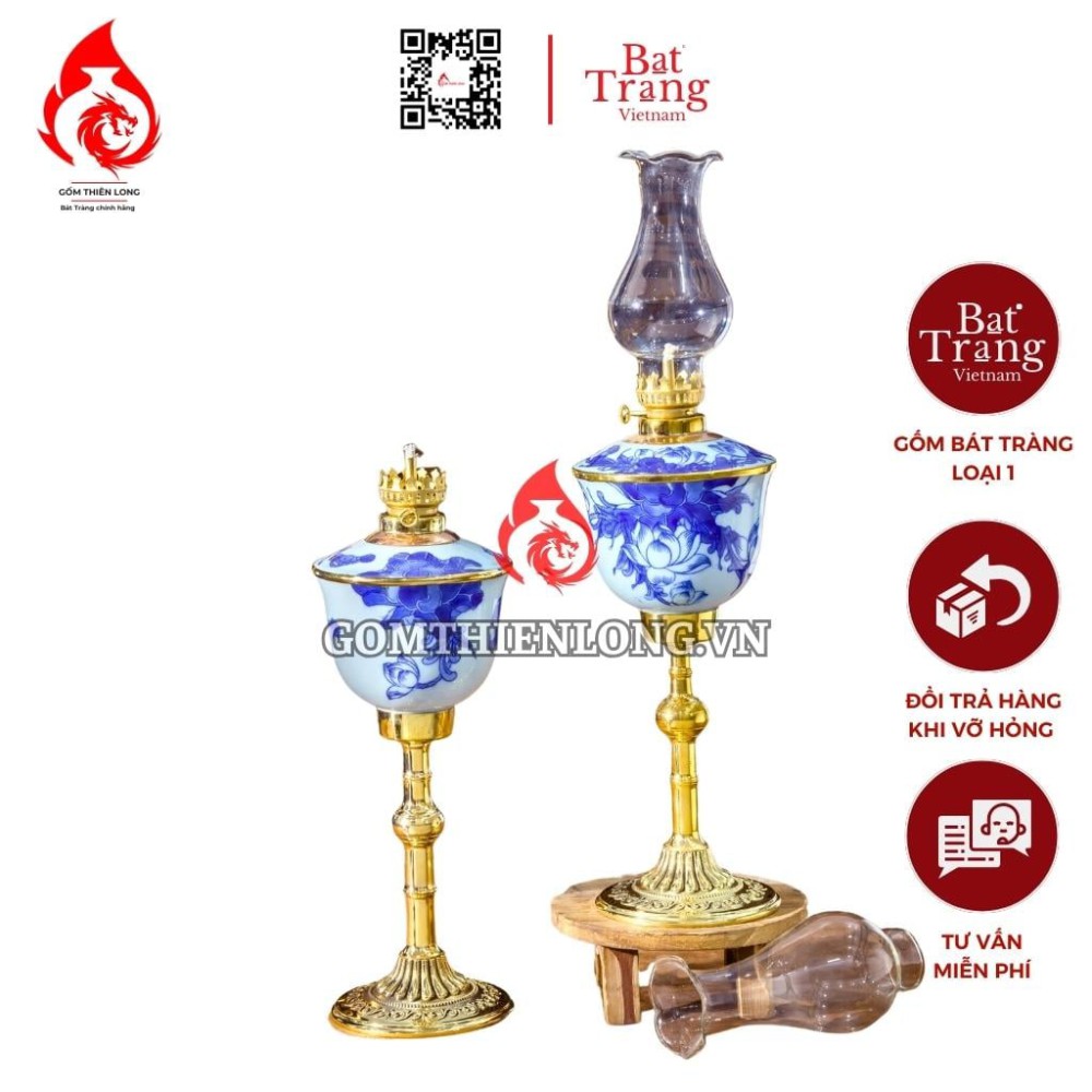 Đèn Dầu Thờ Bát Tràng Chân Đồng Men Lam Hoa Sen 230144