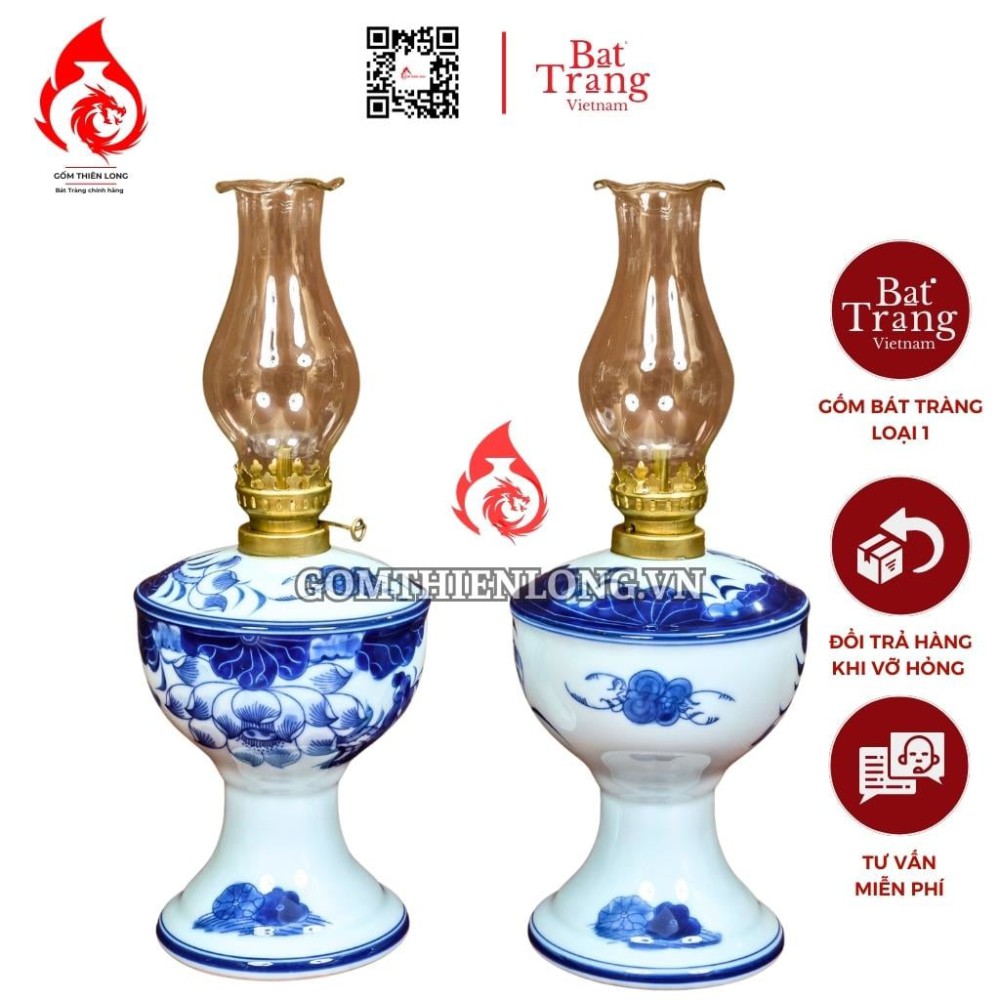 Đèn Dầu Thờ Bát Tràng Men Lam Ngọc Hoa Sen 230152