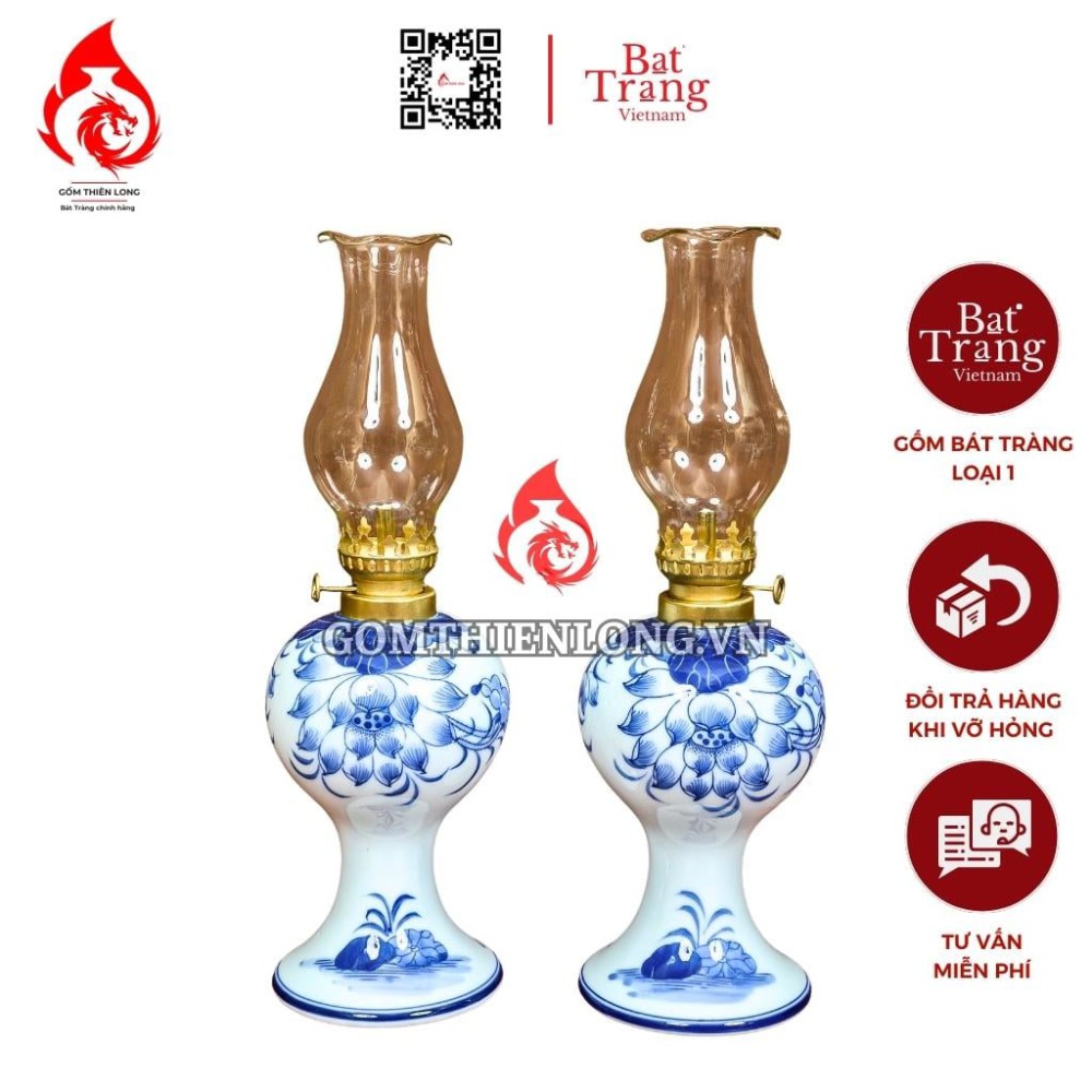 Đèn Dầu Thờ Bát Tràng Men Lam Ngọc Vẽ Hoa Sen 230153
