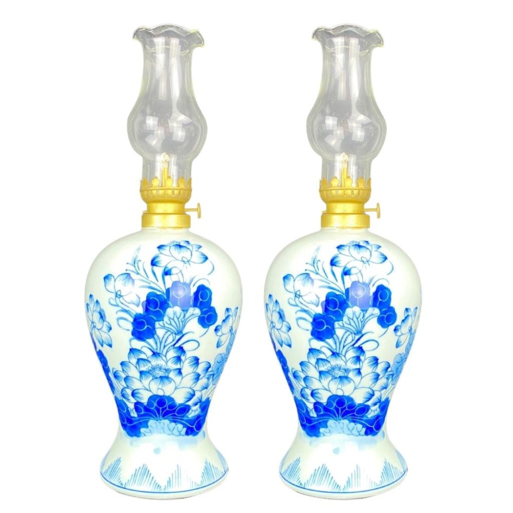 Đèn Dầu Thờ Bát Tràng Men Lam Hoa Sen 230150