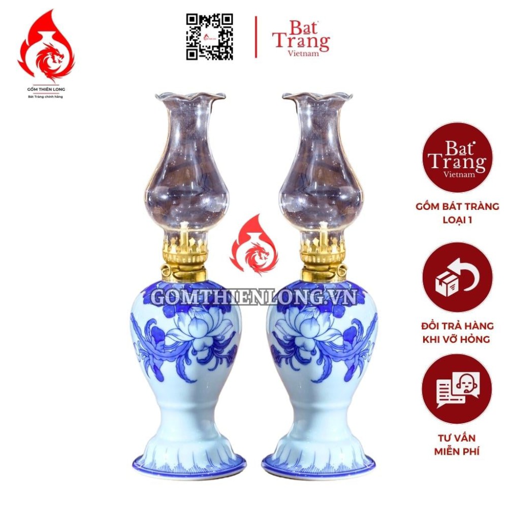 Đèn Dầu Thờ Bát Tràng Men Lam Hoa Sen 230141