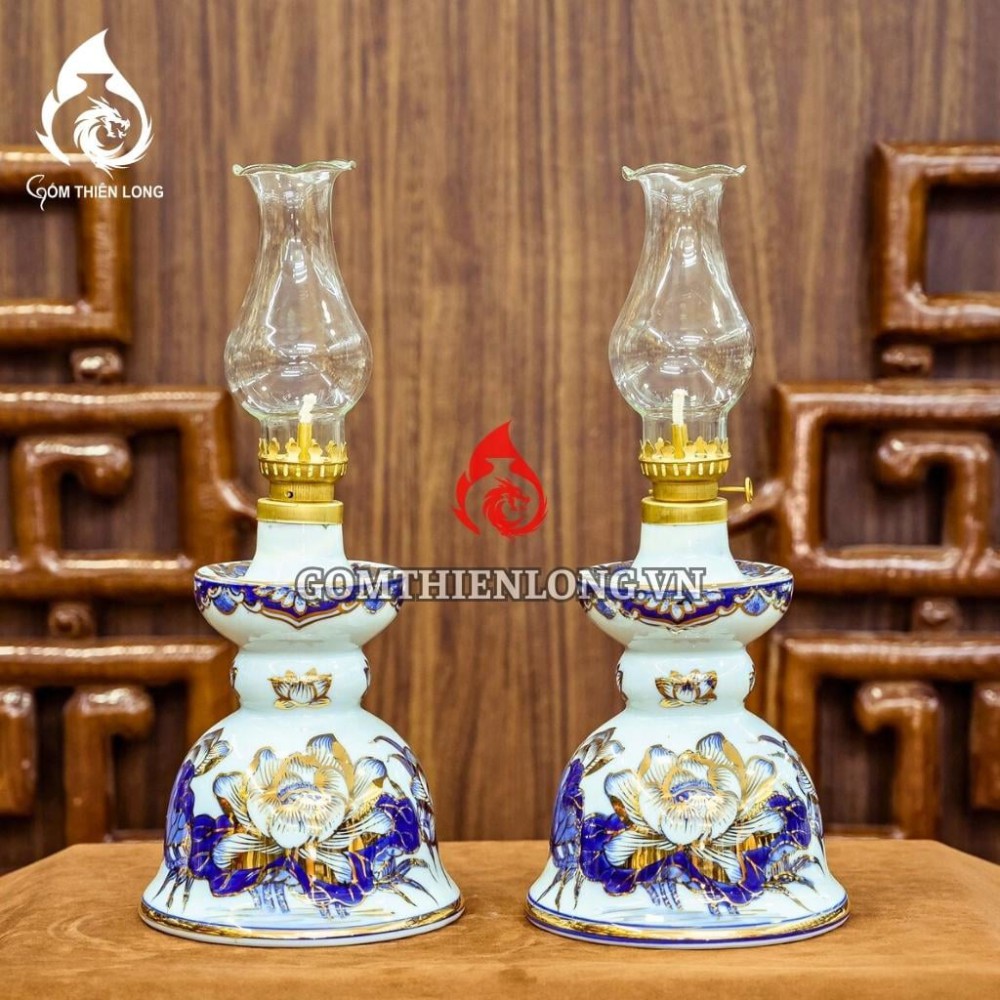 Đèn Dầu Thờ Bát Tràng Men Lam Vẽ Vàng Hoa Sen 230180