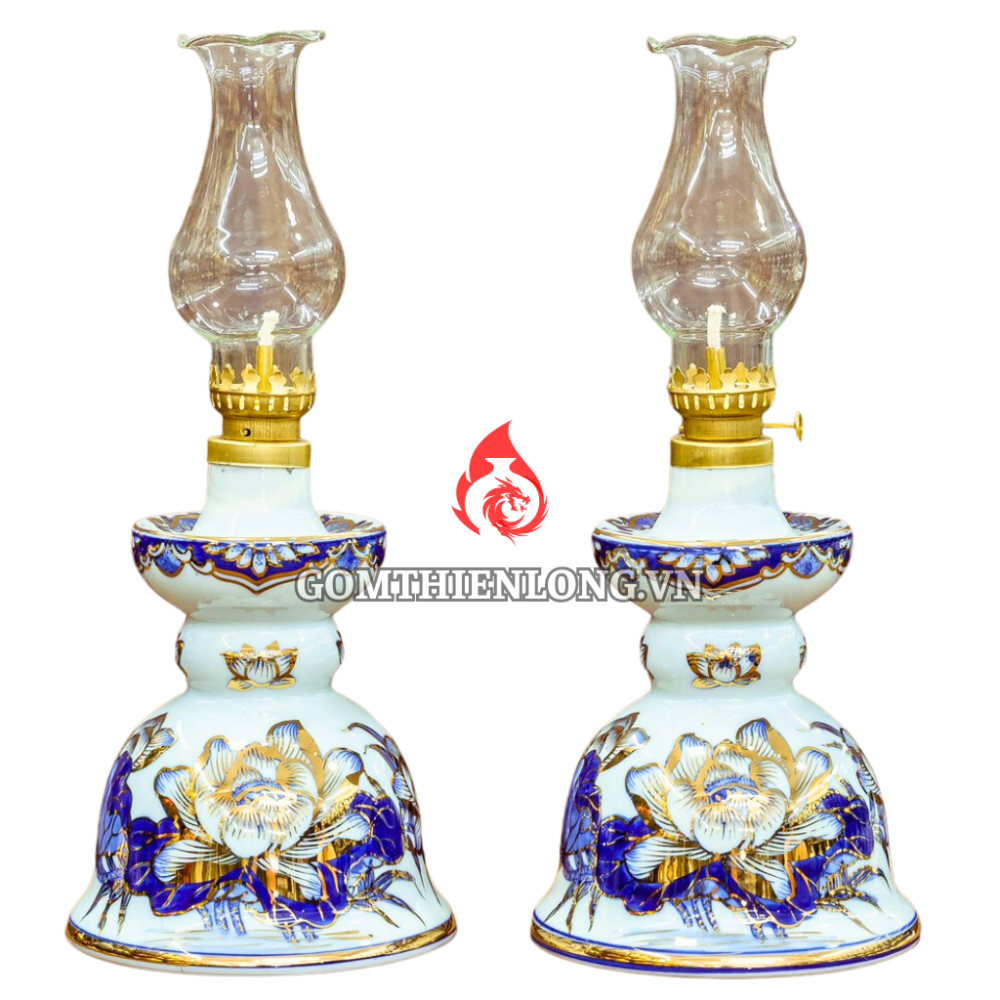 Đèn Dầu Thờ Bát Tràng Men Lam Vẽ Vàng Hoa Sen 230180