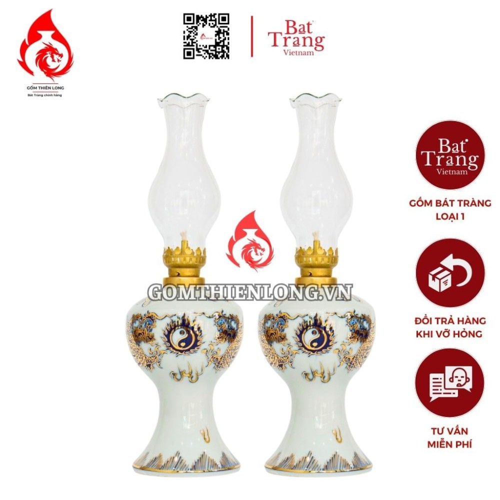 Đèn Dầu Thờ Bát Tràng Men Lam Vẽ Vàng Long Chầu Nguyệt 230181