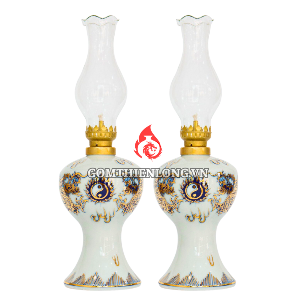 Đèn Dầu Thờ Bát Tràng Men Lam Vẽ Vàng Long Chầu Nguyệt 230181