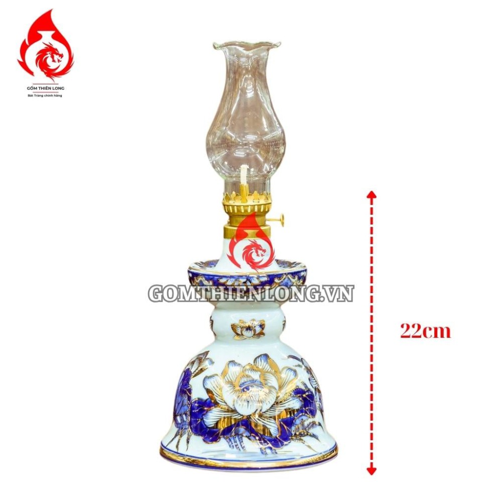 Đèn Dầu Thờ Bát Tràng Men Lam Vẽ Vàng Hoa Sen 230180