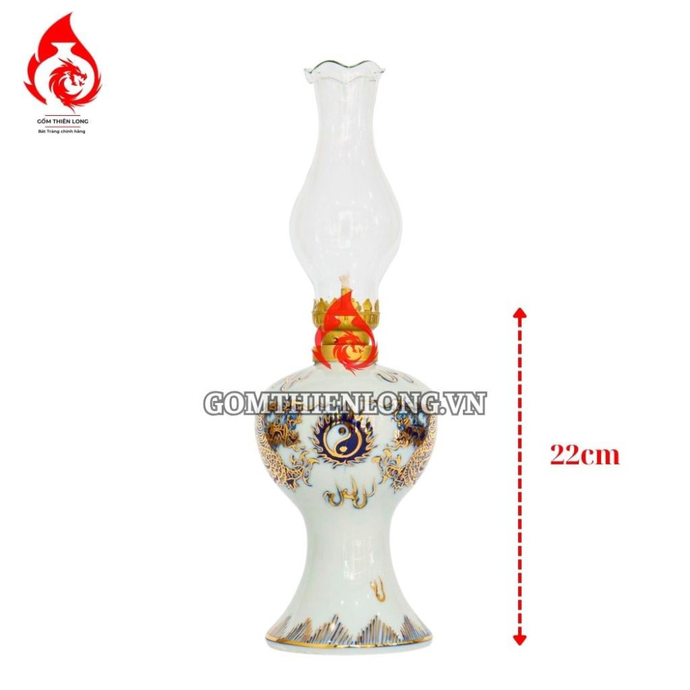 Đèn Dầu Thờ Bát Tràng Men Lam Vẽ Vàng Long Chầu Nguyệt 230181