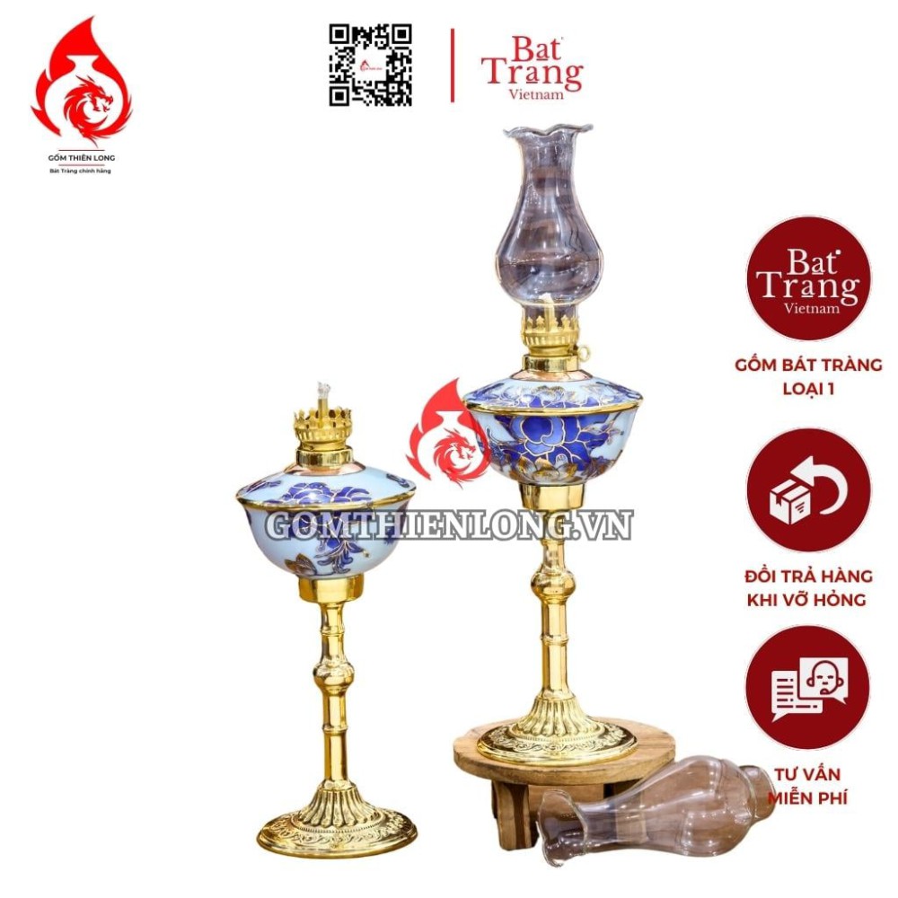 Đèn Dầu Thờ Bát Tràng Chân Đồng Vẽ Vàng Hoa Sen 230145