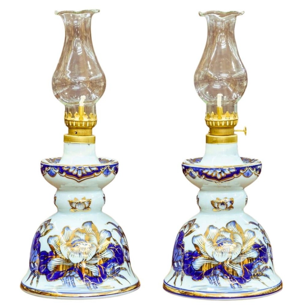 Đèn Dầu Thờ Bát Tràng Men Lam Vẽ Vàng Hoa Sen 230180