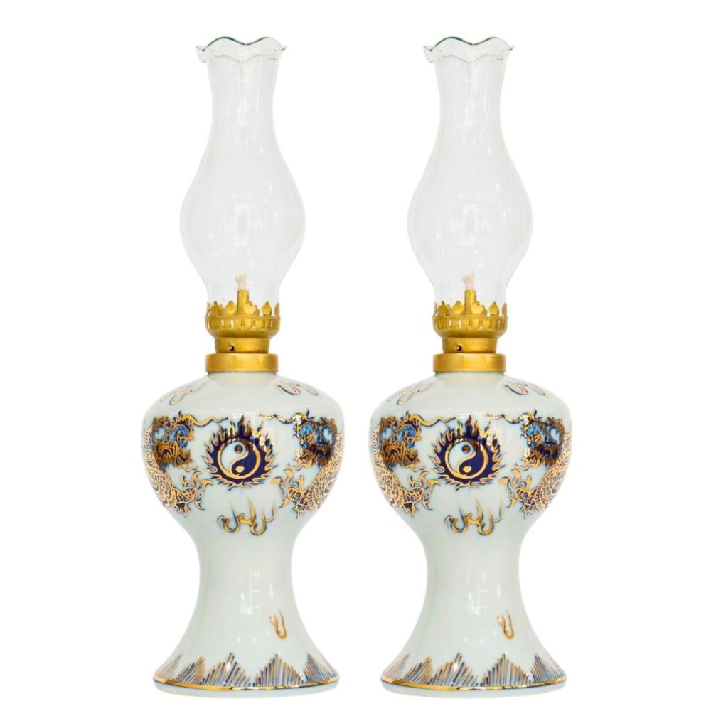 Đèn Dầu Thờ Bát Tràng Men Lam Vẽ Vàng Long Chầu Nguyệt 230181