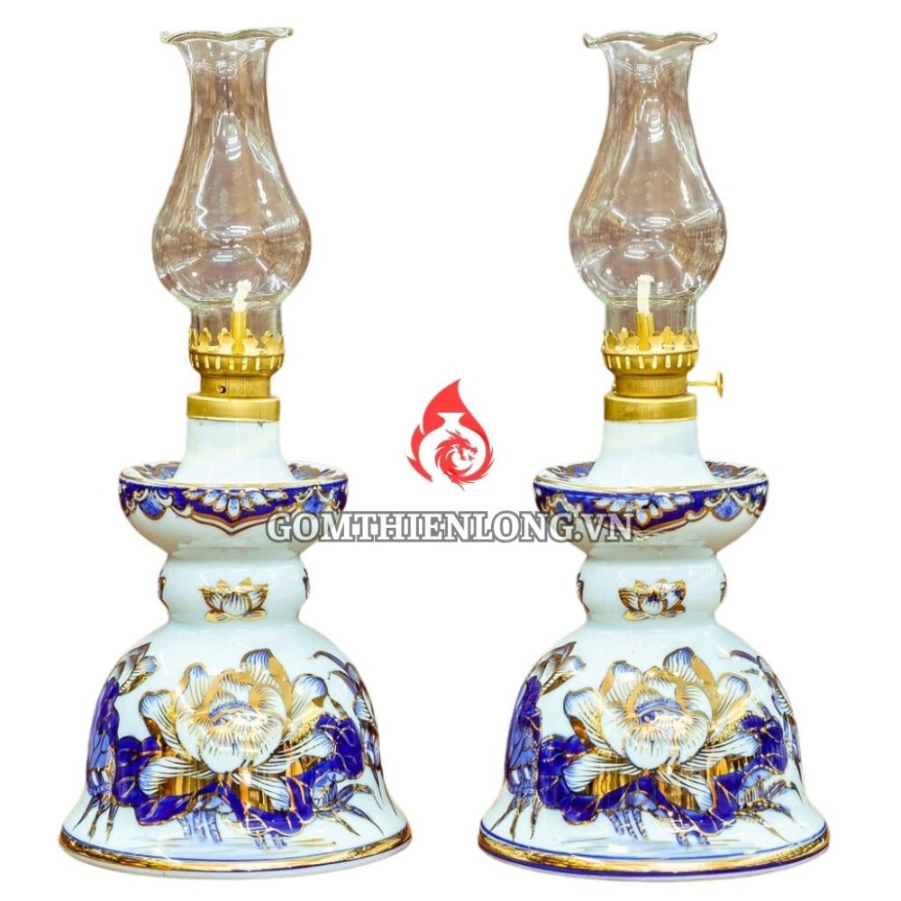 Đèn Dầu Thờ Bát Tràng Men Lam Vẽ Vàng Hoa Sen 230180