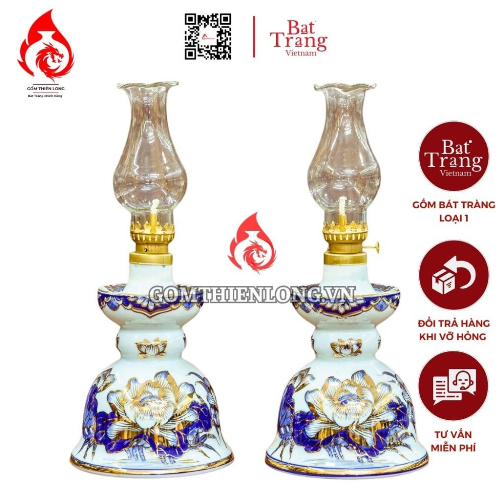 Đèn Dầu Thờ Bát Tràng Men Lam Vẽ Vàng Hoa Sen 230180