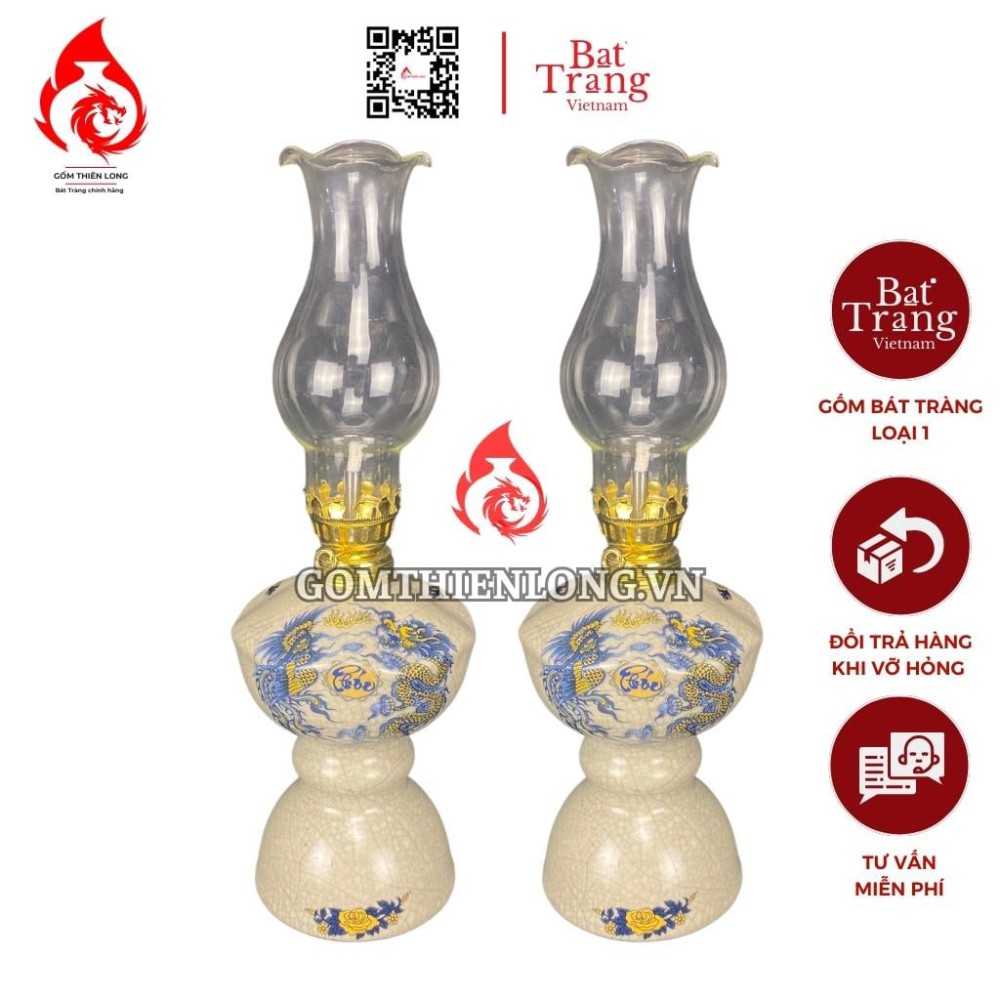 Đèn Dầu Thờ Bát Tràng Men Rạn Rồng Phượng 230170