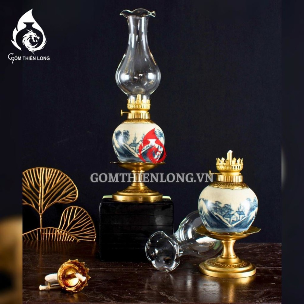 Đèn Dầu Thờ Bát Tràng Men Rạn Dáng Lê Vẽ Sơn Thủy 230201