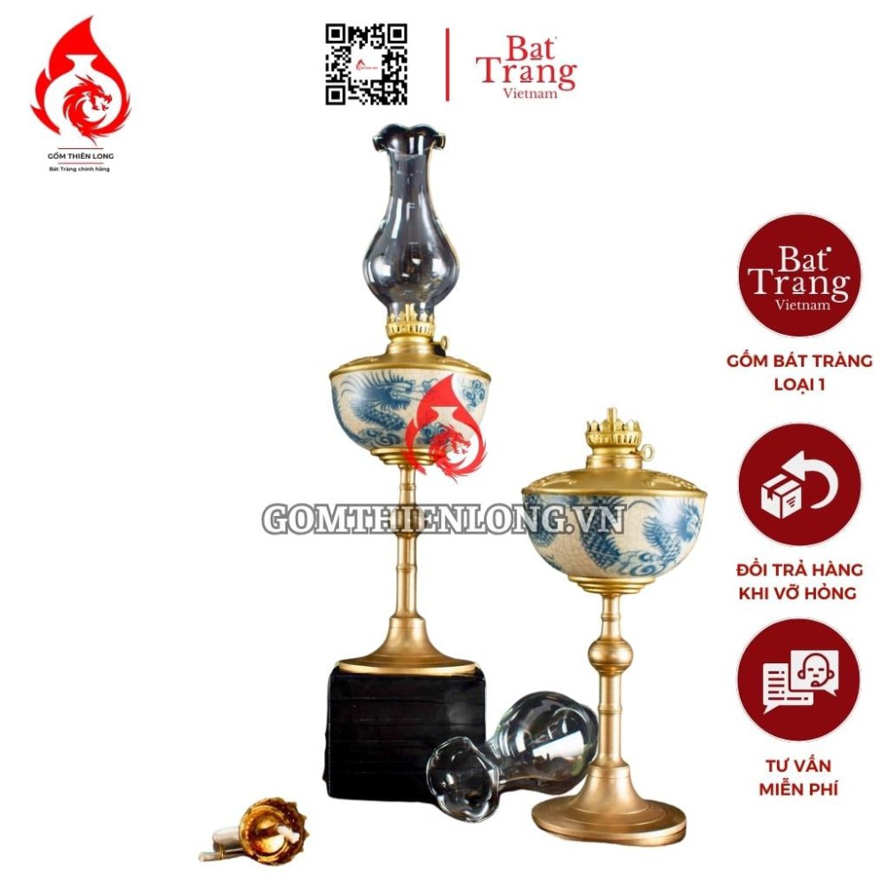 Đèn Dầu Thờ Bát Tràng Dáng Bầu Men Rạn Vẽ Rồng 230195