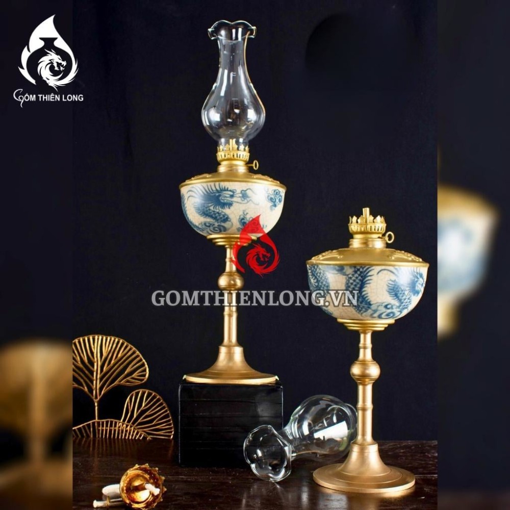 Đèn Dầu Thờ Bát Tràng Dáng Bầu Men Rạn Vẽ Rồng 230195