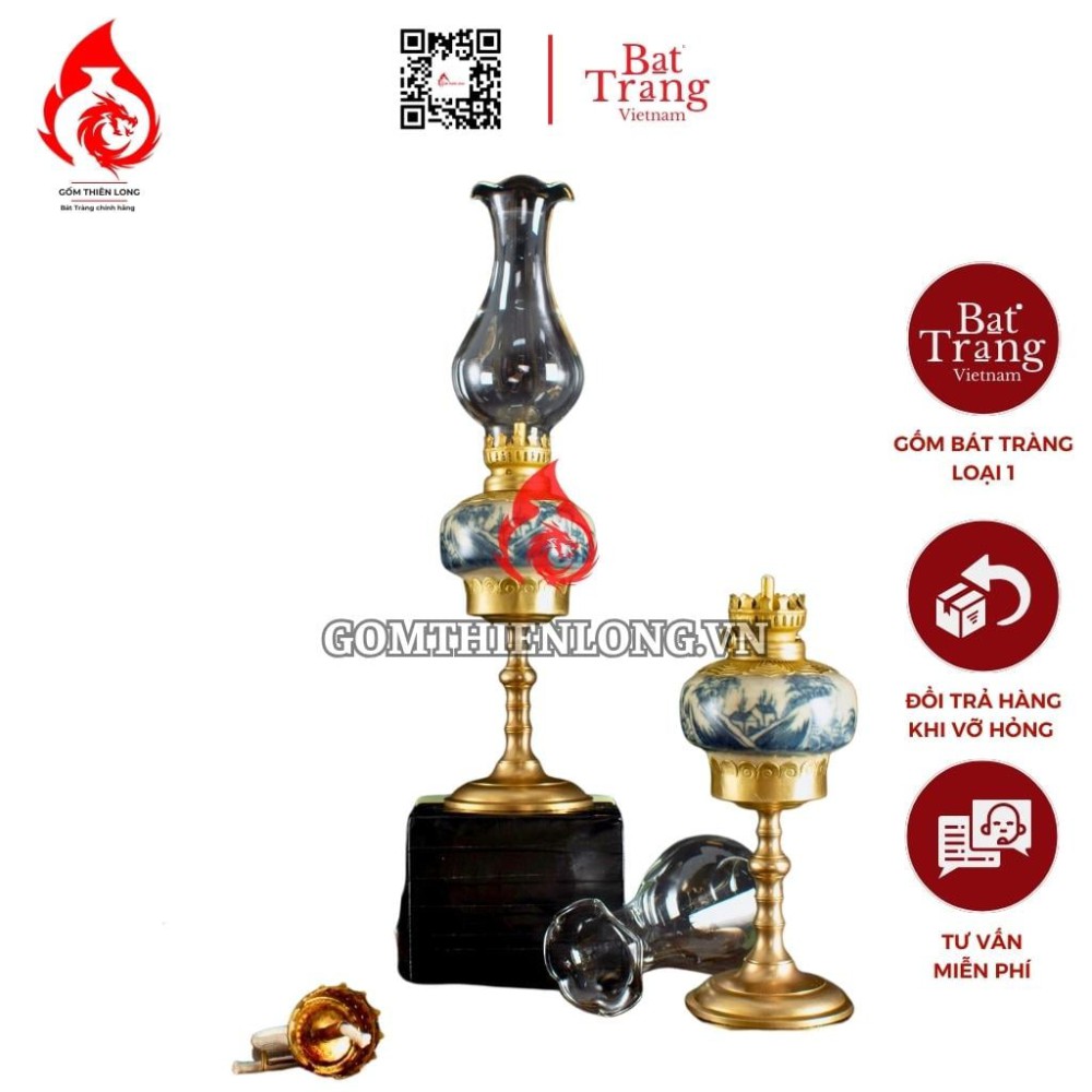 Đèn Dầu Thờ Bát Tràng Men Rạn Dáng Quả Hồng Vẽ Sơn Thủy 230208