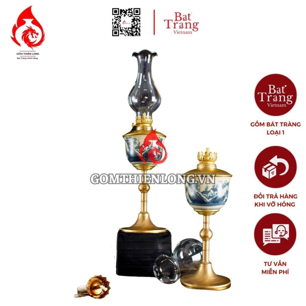 Đèn Dầu Thờ Bát Tràng Men Rạn Dáng Tống Vẽ Sơn Thủy 230202