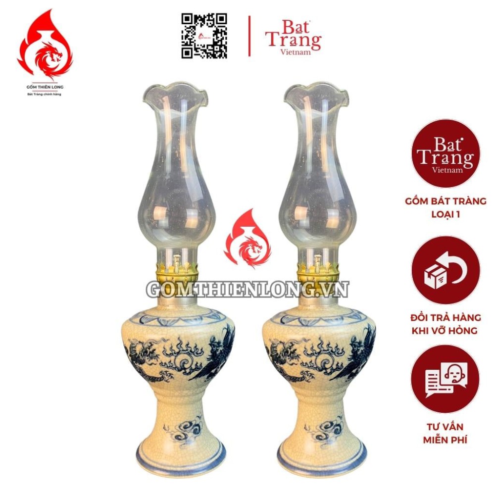 Đèn Dầu Thờ Bát Tràng Men Rạn Vẽ Rồng Phượng 230166