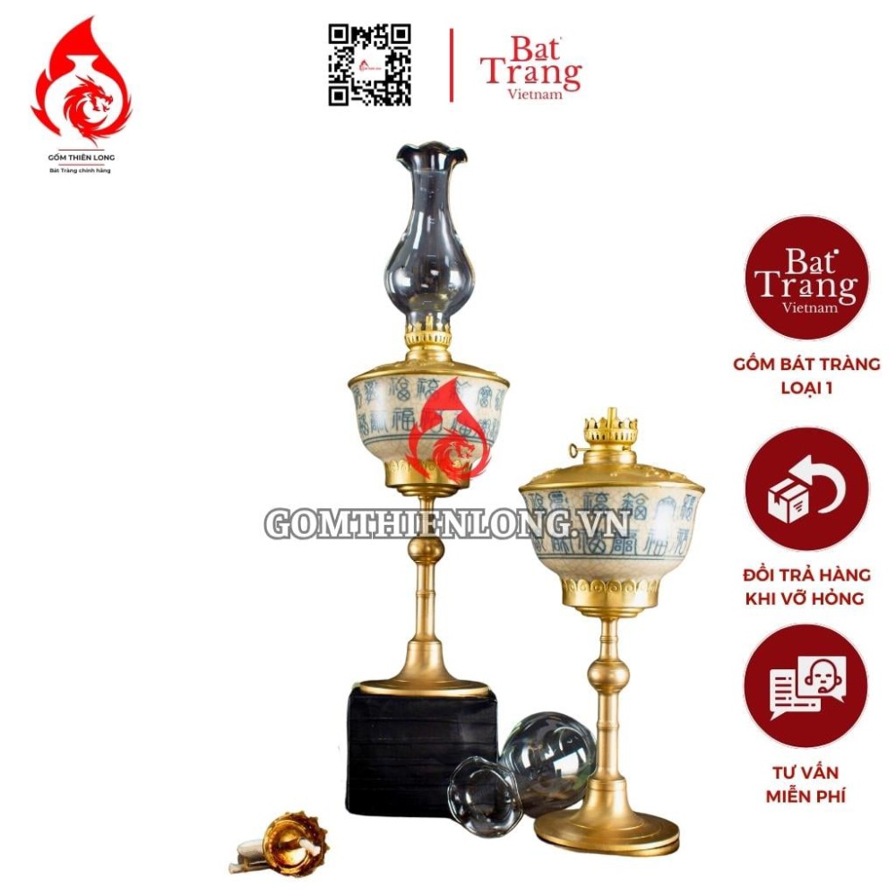 Đèn Dầu Thờ Bát Tràng Men Rạn Thời Trần Vẽ Chữ 230205