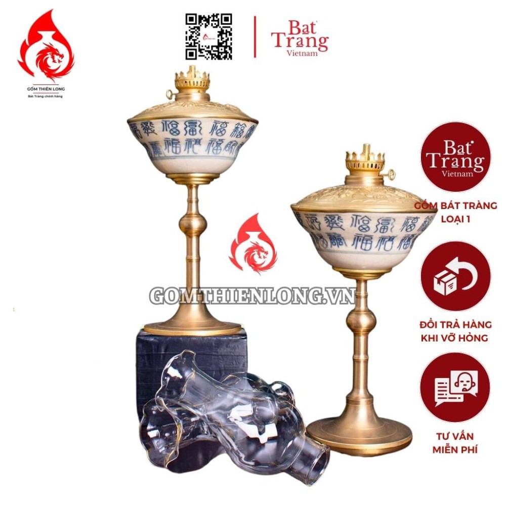 Đèn Dầu Thờ Bát Tràng Men Rạn Chiết Yêu Vẽ Chữ 230210