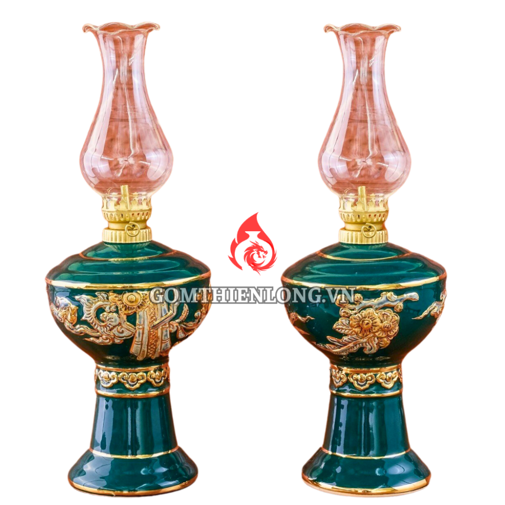 Đèn Dầu Thờ Bát Tràng Men Xanh Lục Bảo Vẽ Vàng 230177