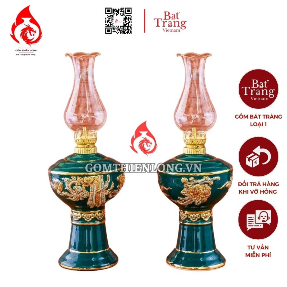 Đèn Dầu Thờ Bát Tràng Men Xanh Lục Bảo Vẽ Vàng 230177