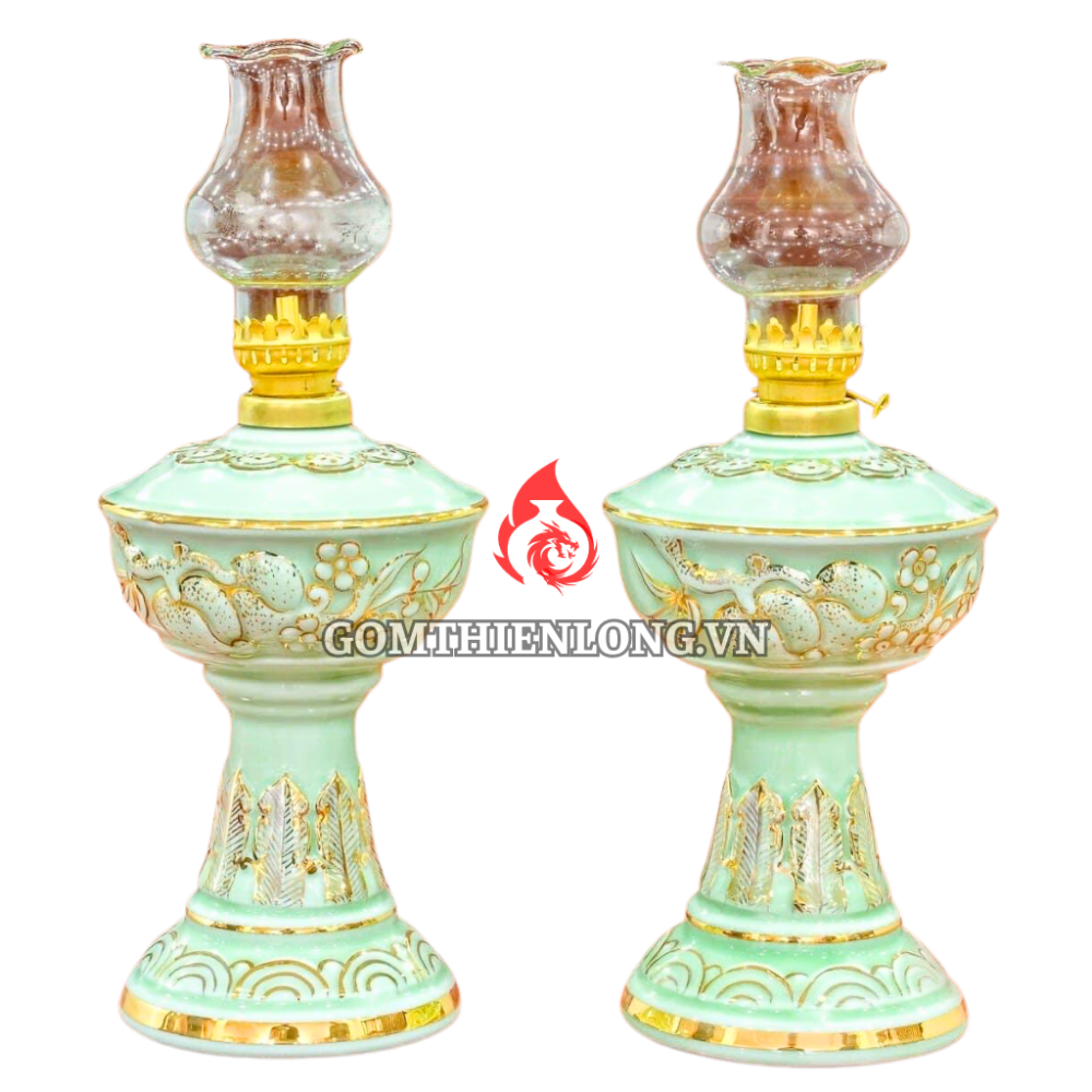 Đèn Dầu Thờ Bát Tràng Men Xanh Ngọc Bích Vẽ Vàng 230172