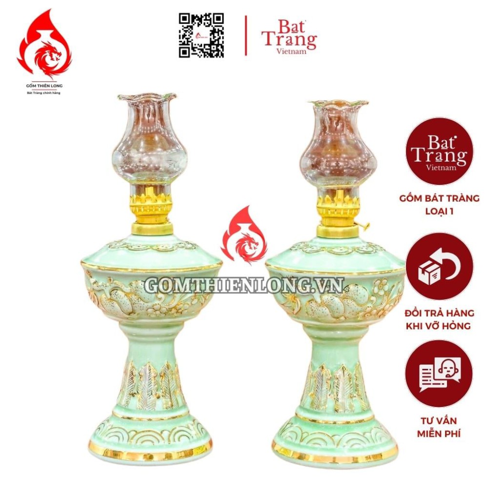 Đèn Dầu Thờ Bát Tràng Men Xanh Ngọc Bích Vẽ Vàng 230172