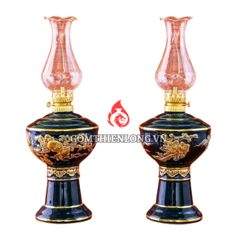 Đèn Dầu Thờ Bát Tràng Men Xanh Tím Vẽ Vàng 230175