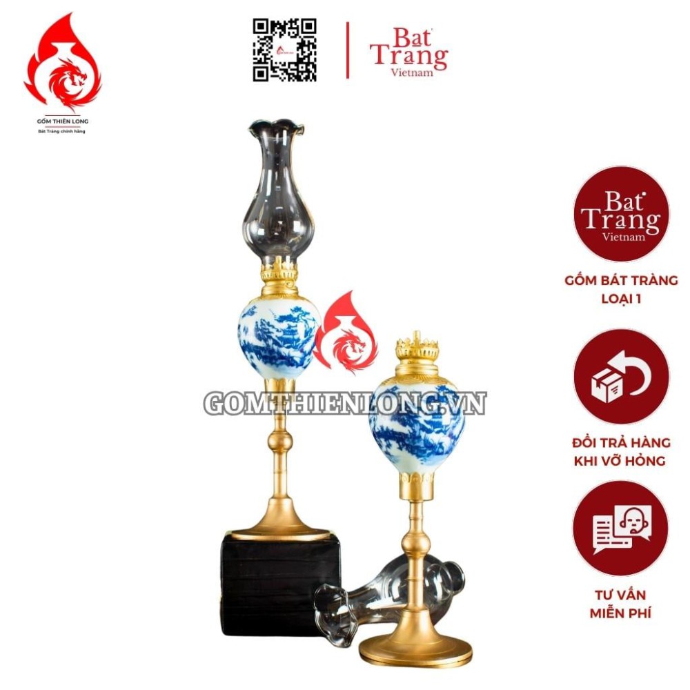 Đèn Dầu Thờ Bát Tràng Dáng Lê Vẽ Sơn Thủy 230221