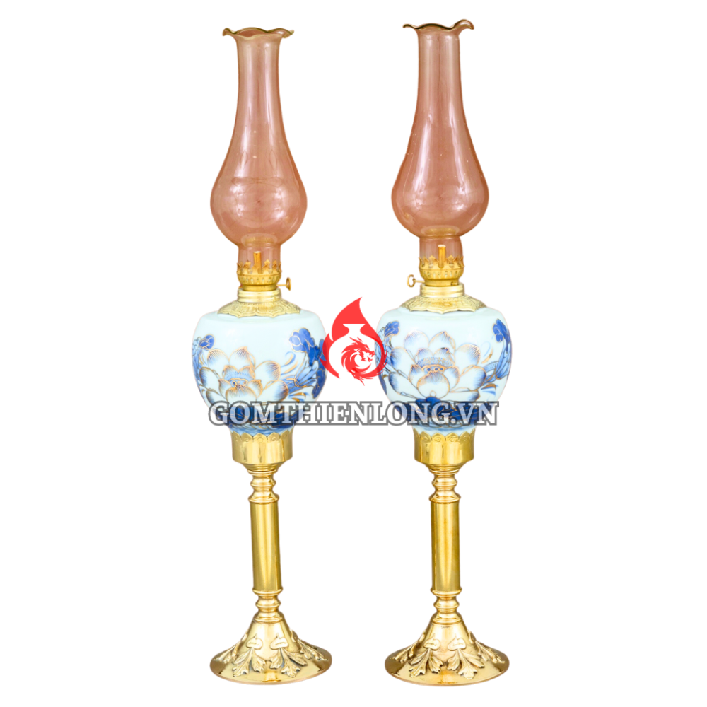 Đèn Dầu Thờ Bát Tràng Cỡ Đại Chân Đồng Vẽ Vàng Hoa Sen 230159