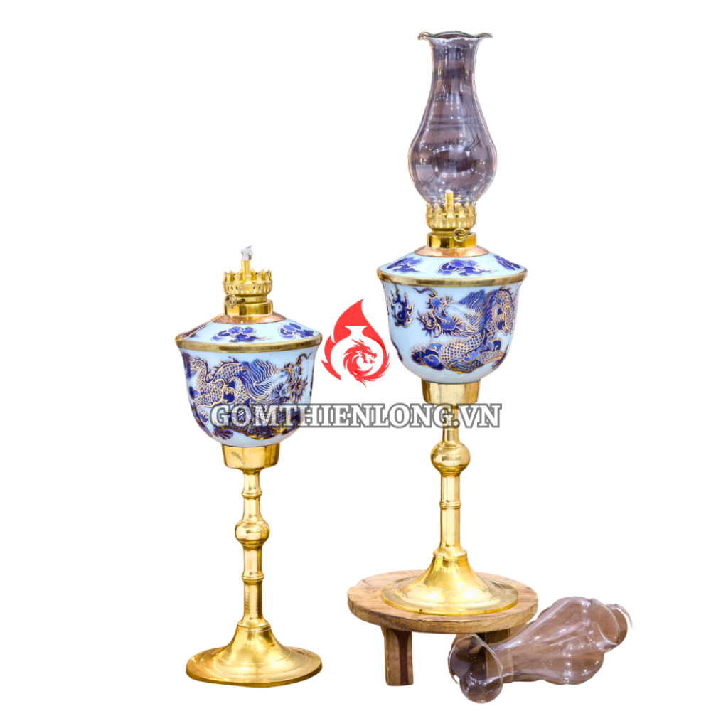 Đèn Dầu Thờ Bát Tràng Chân Đồng Vẽ Vàng Long Chầu Nguyệt 230146