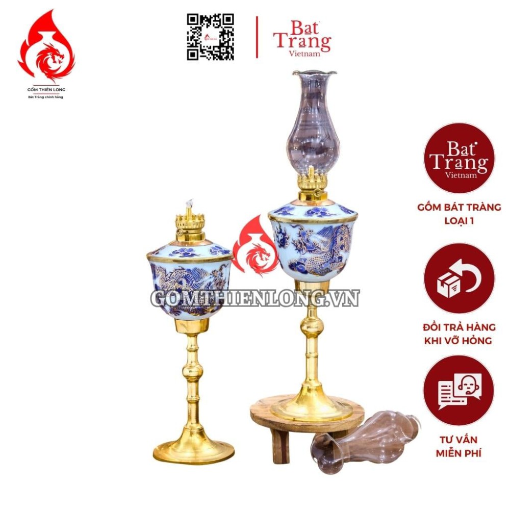 Đèn Dầu Thờ Bát Tràng Chân Đồng Vẽ Vàng Long Chầu Nguyệt 230146