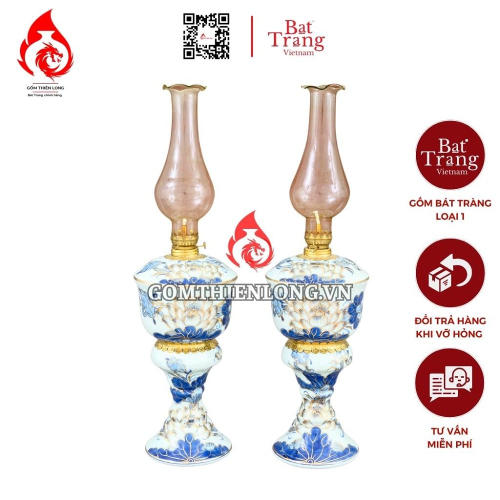 Đèn Dầu Thờ Bát Tràng Cỡ Đại Bát Cây Vẽ Vàng Hoa Sen 230160